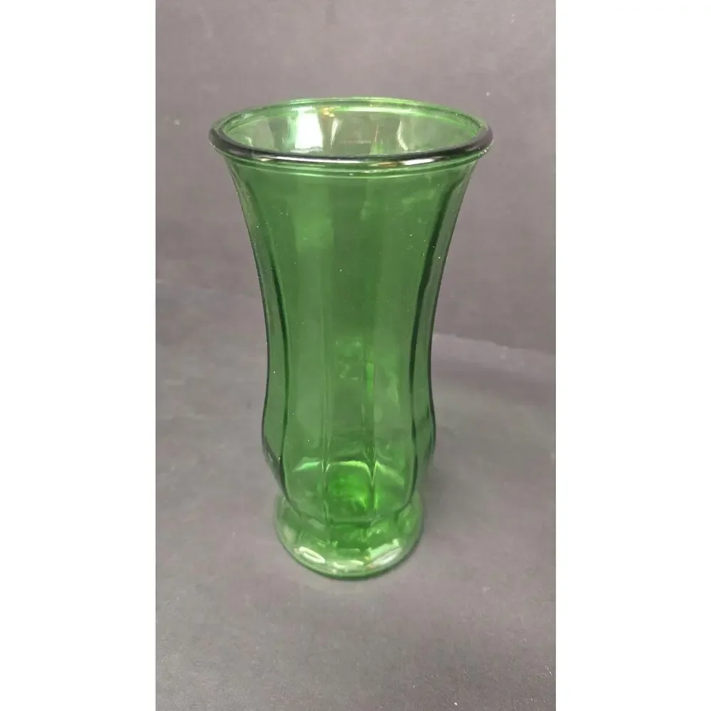 Green Glass Vase Paneled Design Flared Rim Contemporary Decorative Table Decor